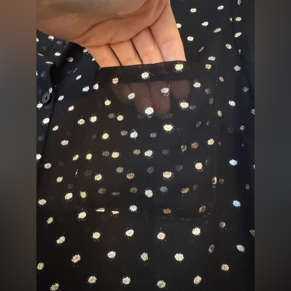 Forever 21 Black Sheer Metallic Silver Polka Dot Button Down Blouse- Medium - Picture 6 of 8